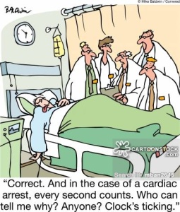 'Correct. And in the case of a cardiac arrest, every second counts. Who can tell me why? Anyone? Clock's ticking.'